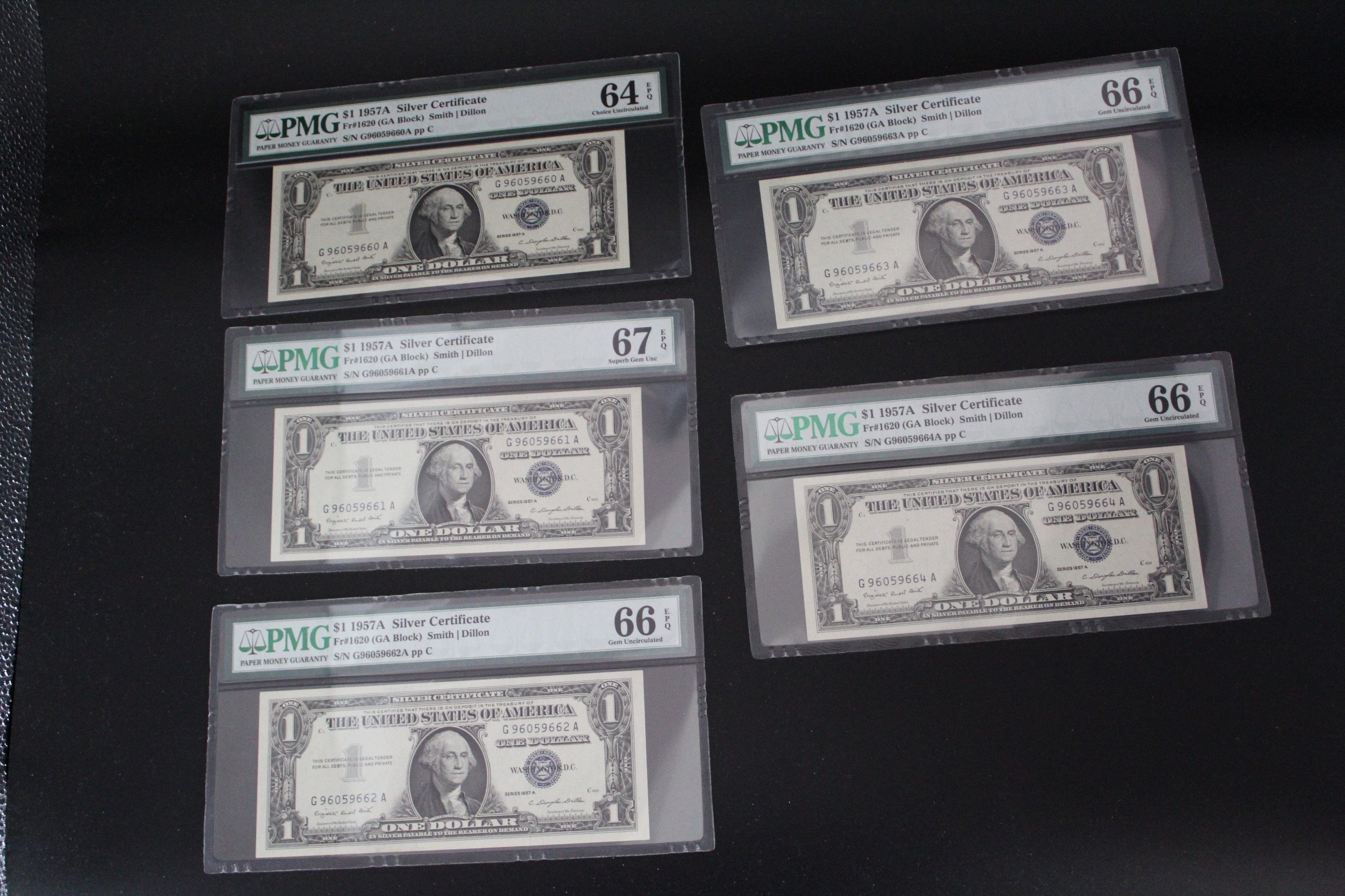 Fr 1620 GA Block 1957A 1 Silver Certificate Notes Sequential Serial Number Run Smith  Dillon PMG Choice Uncirculated 64 EPQ to Superb Gem Unc 67 EPQ 5 Notes