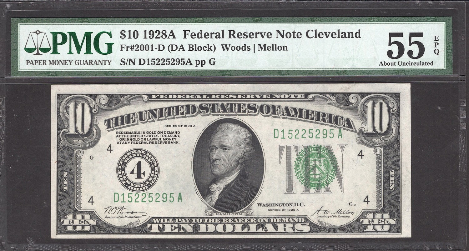 Fr 2001-D DA Block 1928A 10 Cleveland Federal Reserve Note Woods  Mellon PMG About Uncirculated 55 EPQ