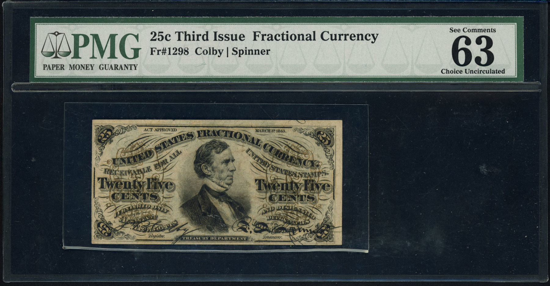 Fr 1298 Third Issue 25 Cents Fractional Currency Note Colby  Spinner PMG Choice Uncirculated 63