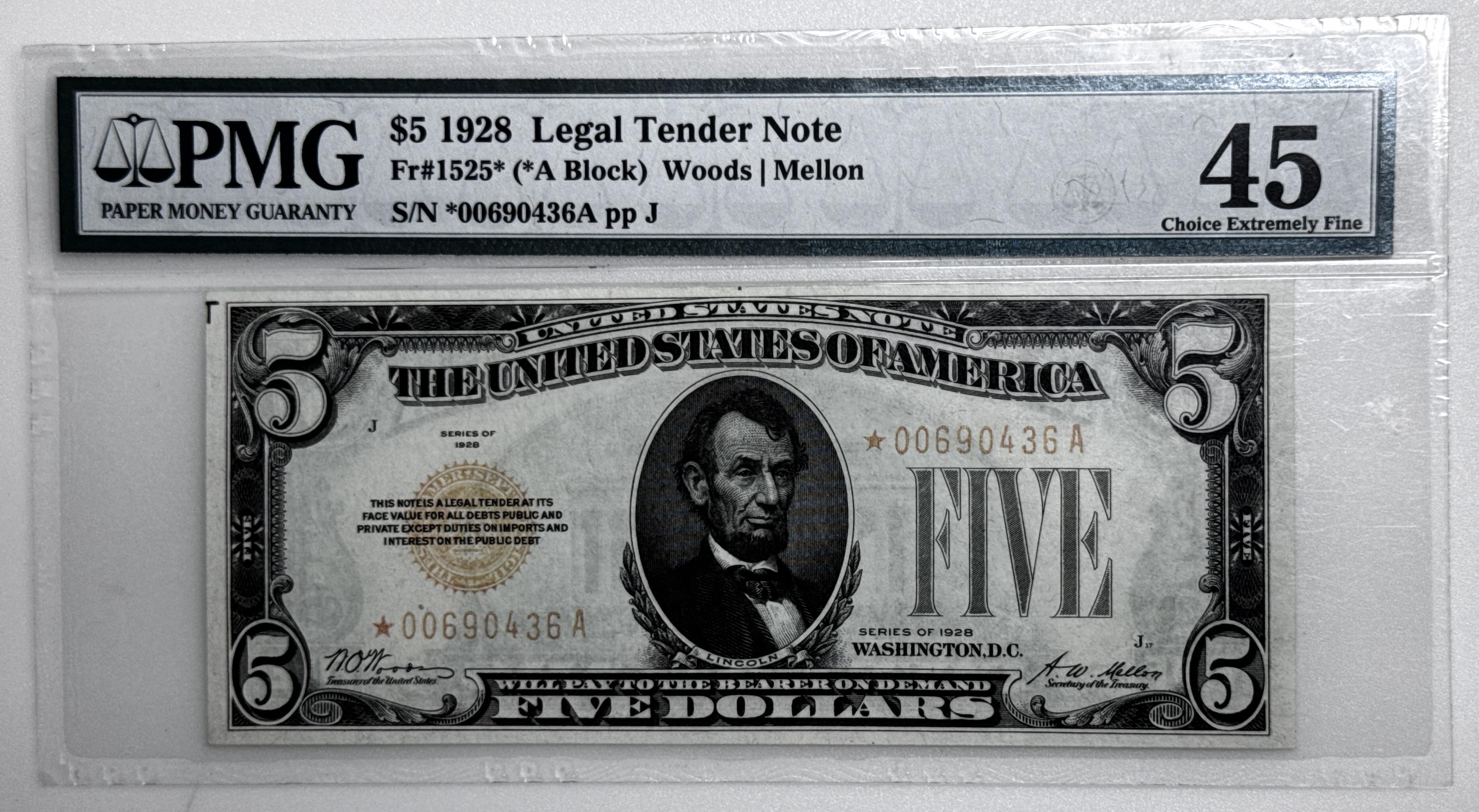 Fr 1525 A Block 1928 Legal Tender Star Note Woods  Mellon PMG Choice Extremely Fine 45