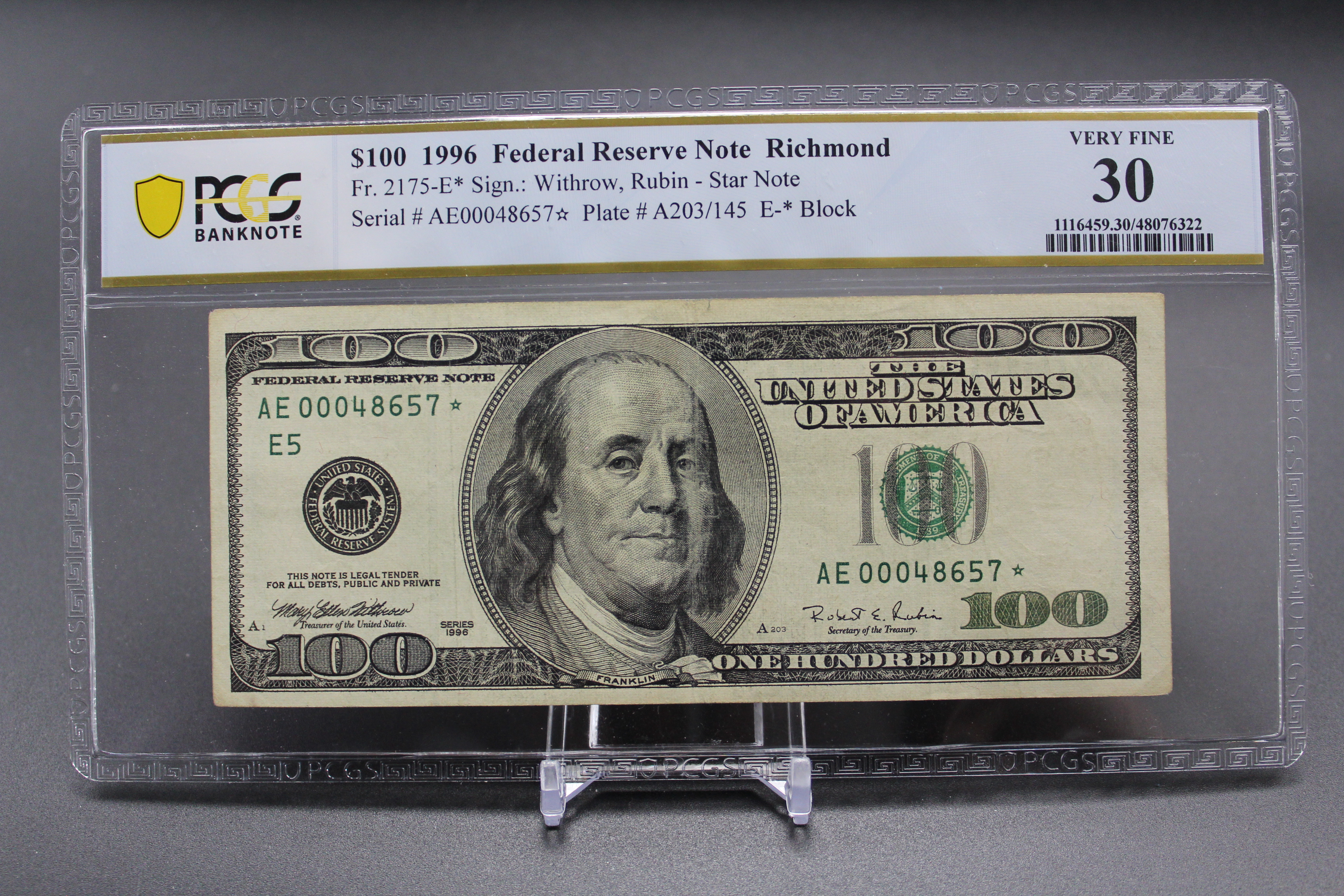 Fr 2175-E AE Block 1996 100 Richmond Federal Reserve Star Note Withrow  Rubin PCGS Banknote Very Fine 30