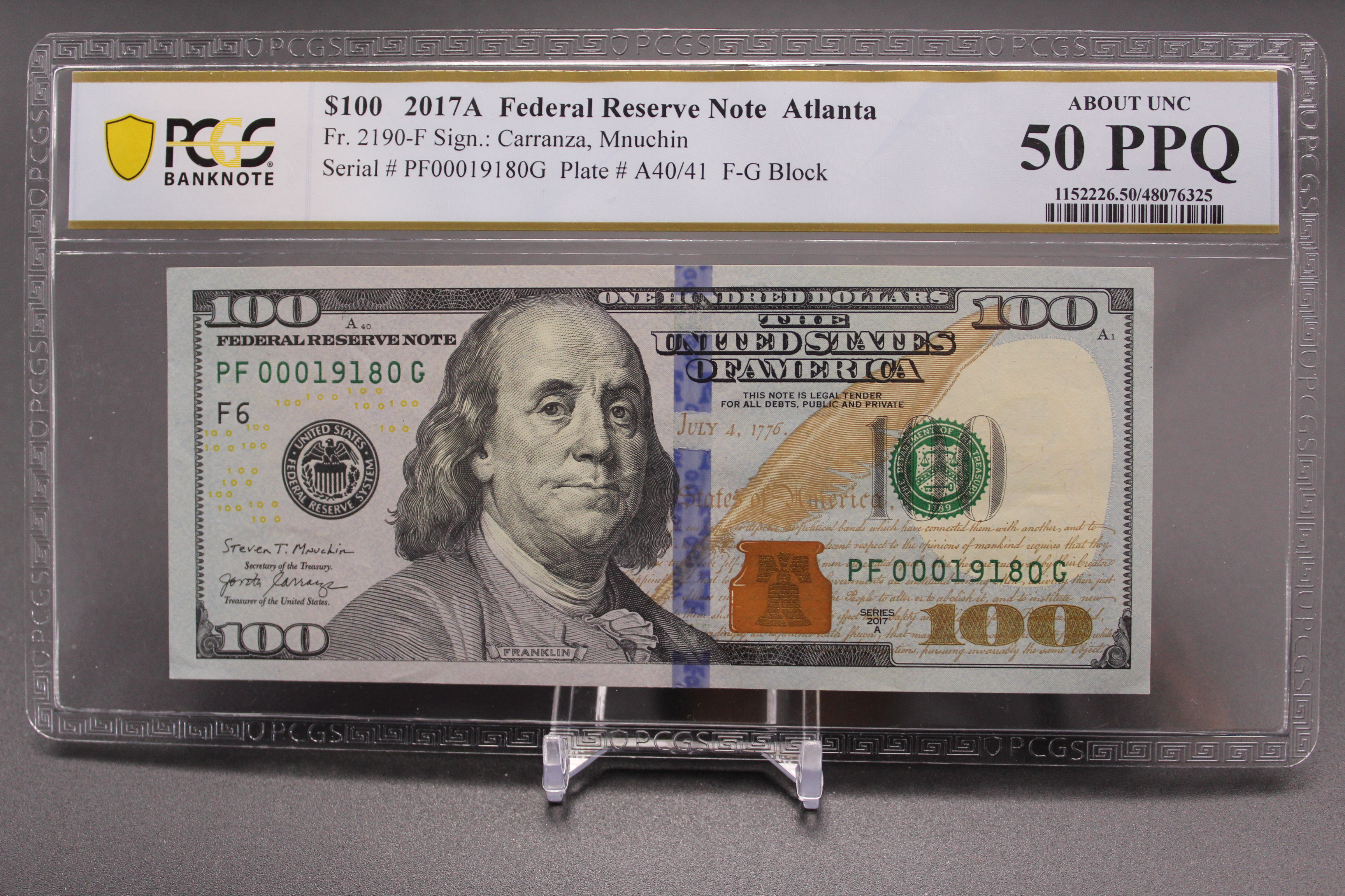 Fr 2190-F PFG Block 2017A 100 Atlanta Federal Reserve Note Carranza  Mnuchin PCGS Banknote About Unc 50 PPQ