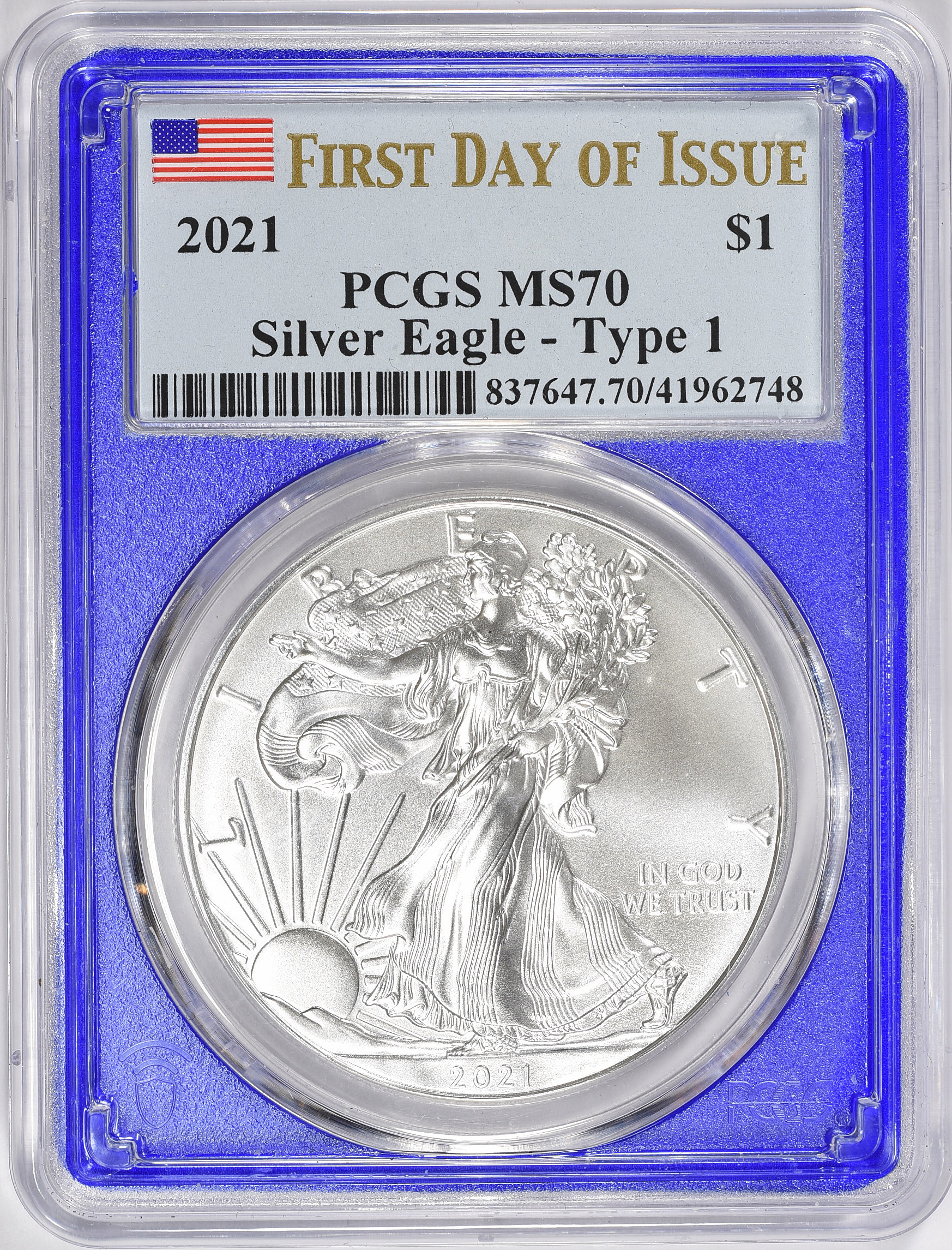 2021 1 Silver Eagle Type 1 First Day of Issue PCGS MS-70 Blue Frame Holder