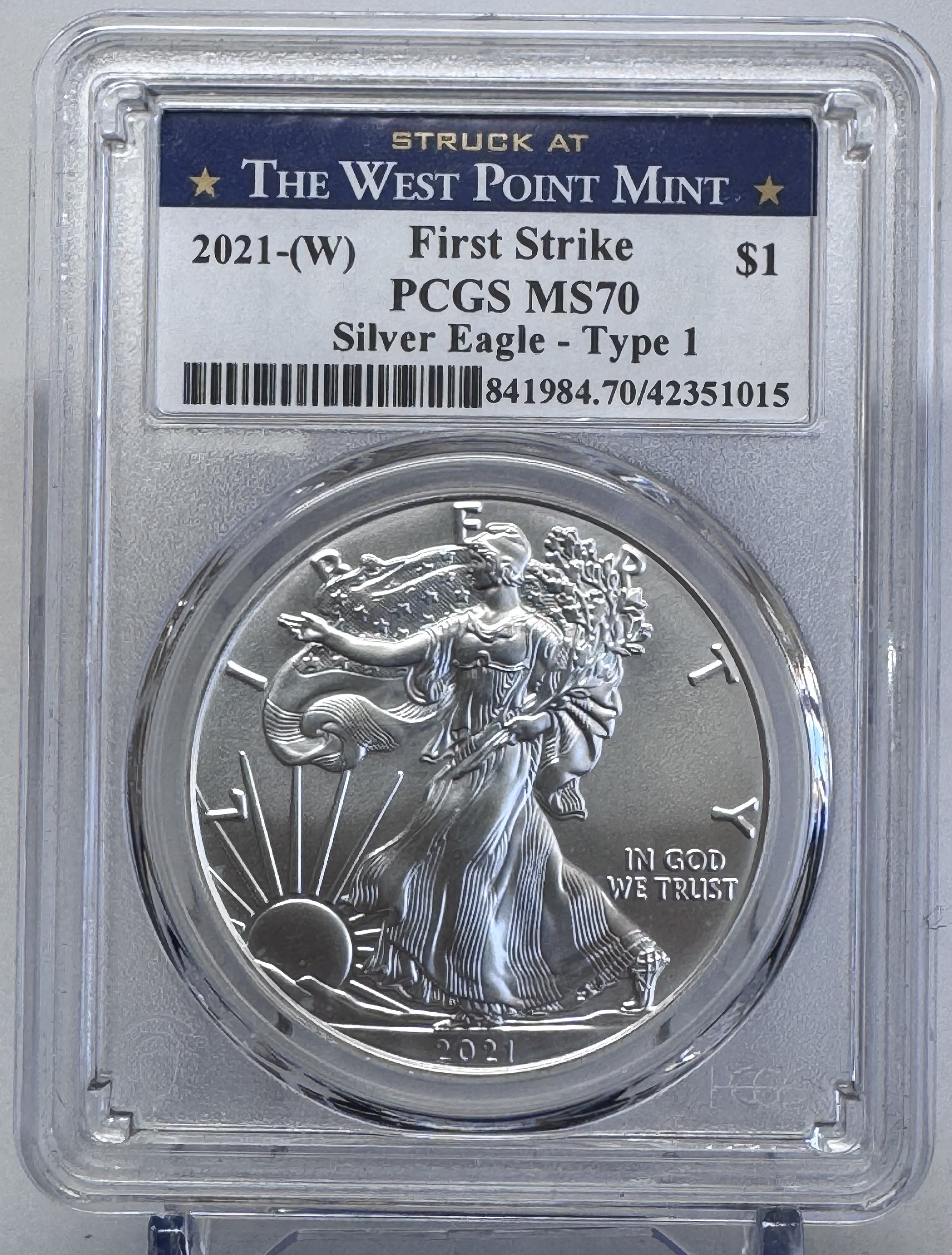 2021-W 1 Silver Eagle Struck at West Point Type 1 Emergency Issue First Strike PCGS MS-70